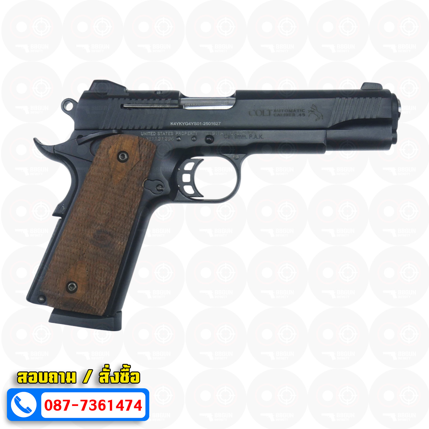 แบลงค์กัน KUZEY M1911 COLT'S MK IV SERIES'70 สีดำ ลำกล้อง 5 นิ้ว ด้ามไม้ blank gun