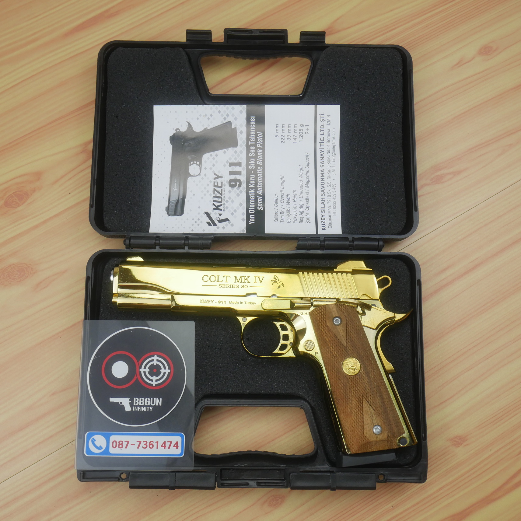 แบลงค์กัน KUZEY M1911 COLT MK IV SERIES 80 สีทอง 5 นิ้ว ด้ามไม้ Blank Gun