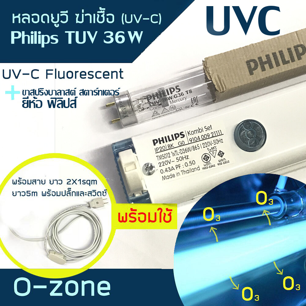 PHILIPS หลอดไฟฆ่าเชื้อพร้อมขาสปริง Philips มีสายยาว 5 ม พร้อม สวิตซ์กลางทางและปลั๊ก G36W/G36 GERMICIDAL UVC Lamps 36 วัตต์