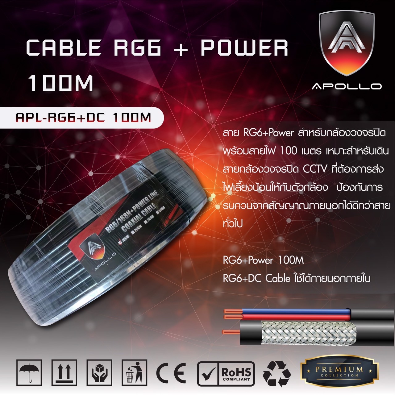 Apollo สายCoaxial Cable RG6+Power 100M สายสัญญาณกล้องวงจรปิด+สายไฟ Shield 95% สายอากาศทีวี