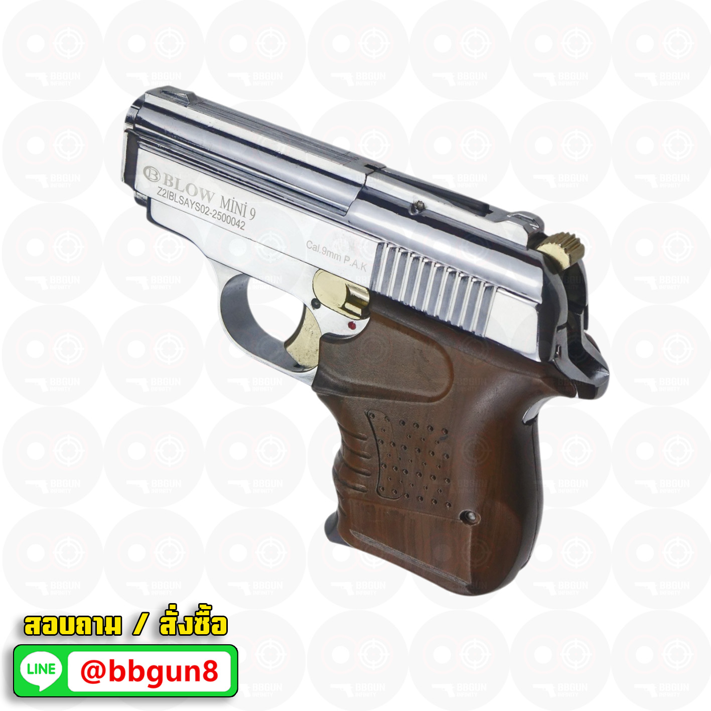แบลงค์กัน BLOW MINI 9 สีเงินเงาไกทองด้ามลายไม้ GOLDEN PARTS WOODEN GRIPS Blank Gun ( 2 แม็กกาซีน + กล่องปืน )