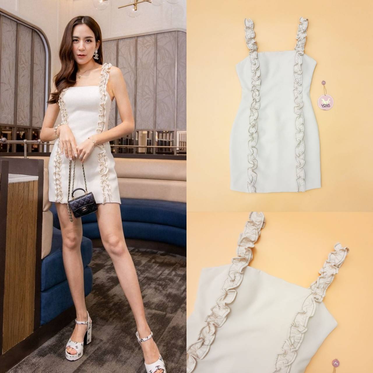 Dress สายเดี่ยวตัวสั้น แต่งเดินเส้นจับจีบลอนช่วงสายยาวลงมาทั้งชุด