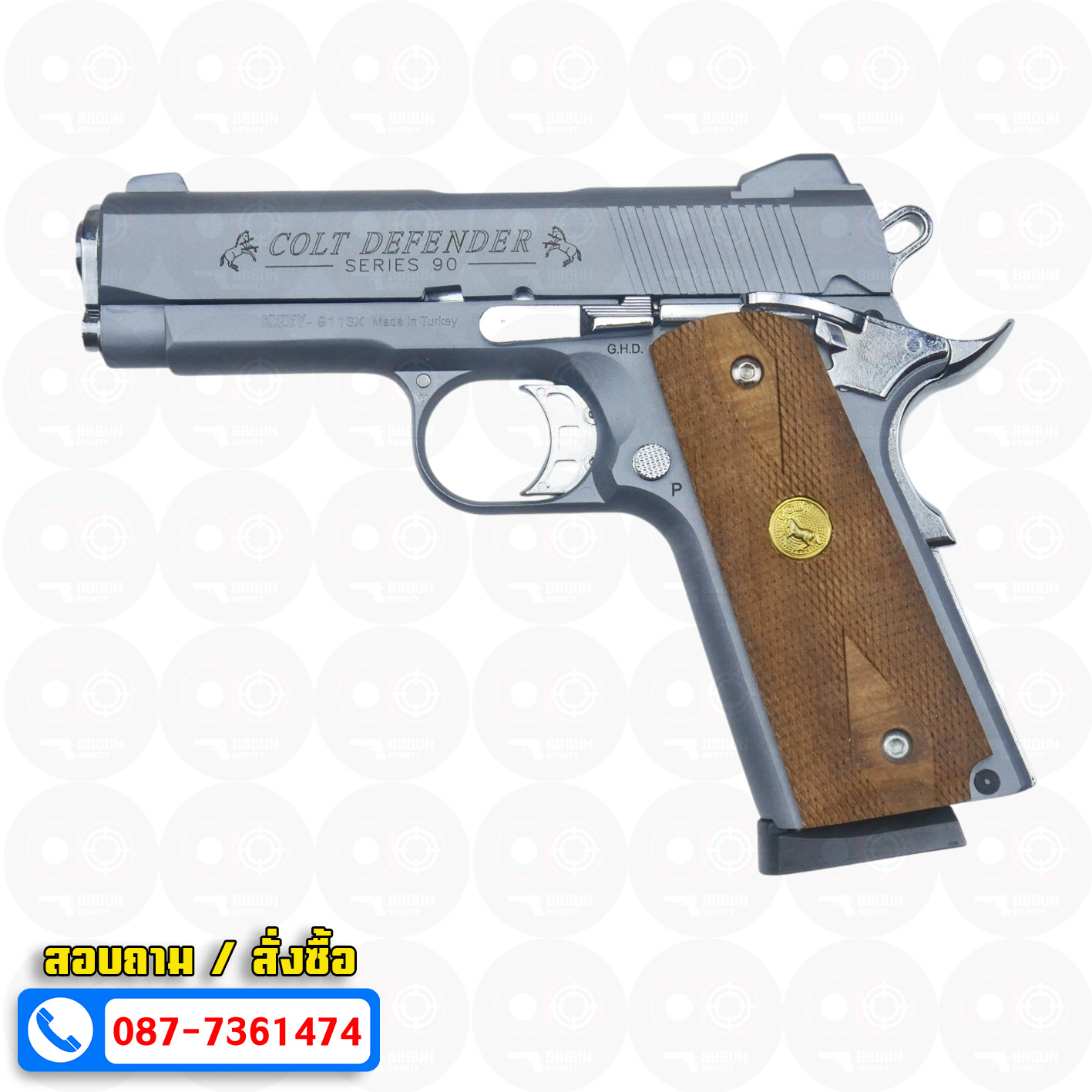 แบลงค์กัน KUZEY M1911 COLT'S DEFENDER SERIES 90 สีสโมค 4 นิ้ว ด้ามไม้ Blank Gun