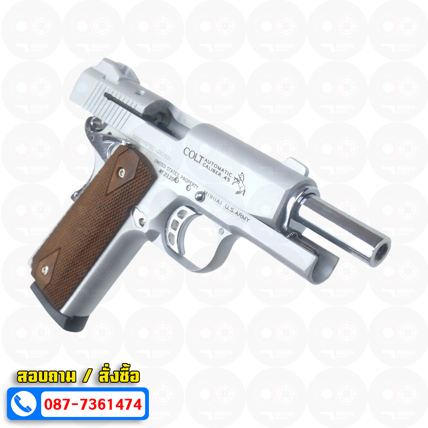 แบลงค์กัน KUZEY M1911 COLT'S DEFENDER SERIES 90 สีเงินด้าน 4 นิ้ว ด้ามไม้ Blank Gun