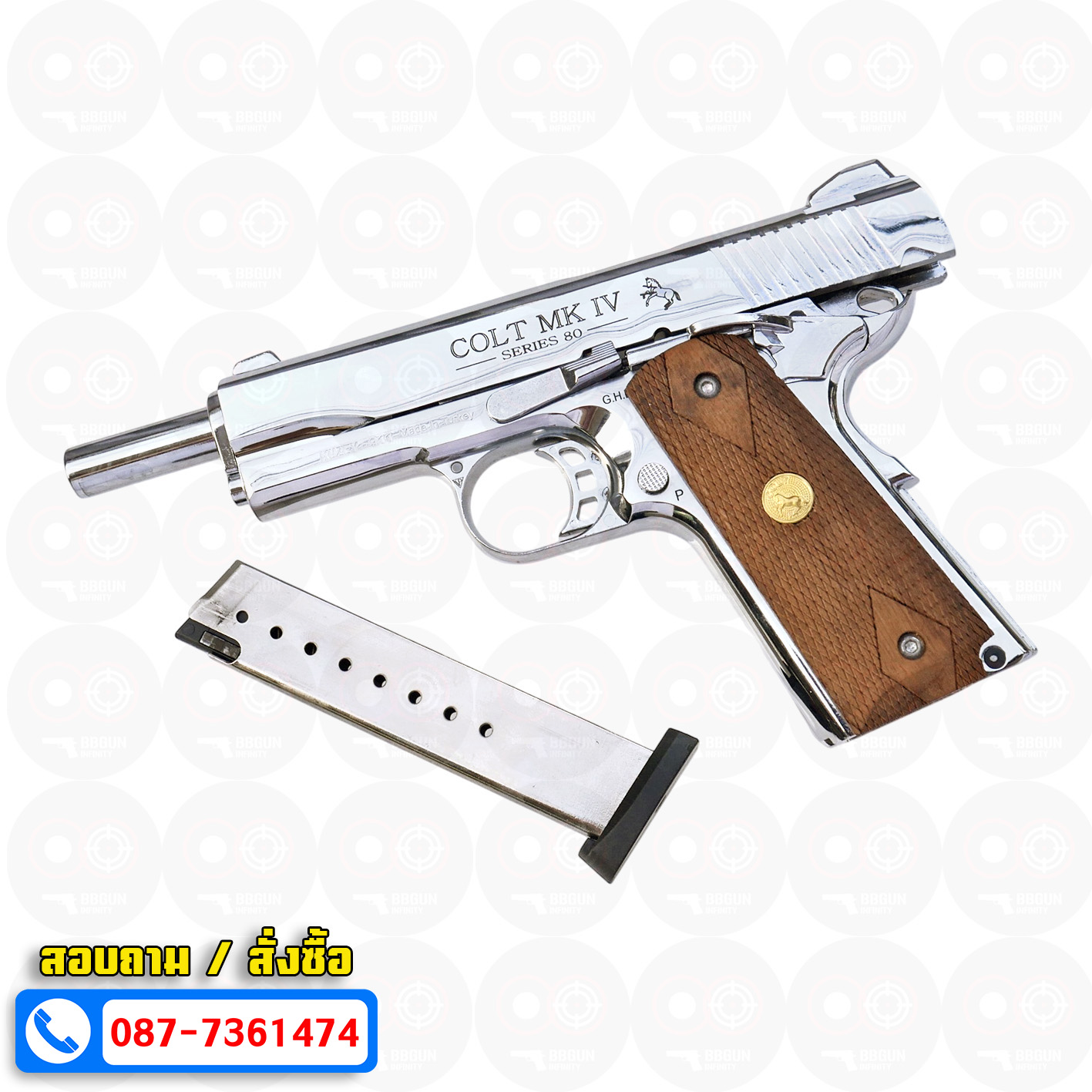 ปืนแบลงค์กัน KUZEY M1911 ลำ 5 นิ้ว COLT'S MK IV SERIES 80 blank gun สีเงินเงา ด้ามไม้ (แถมกล่องใส่ปืน)