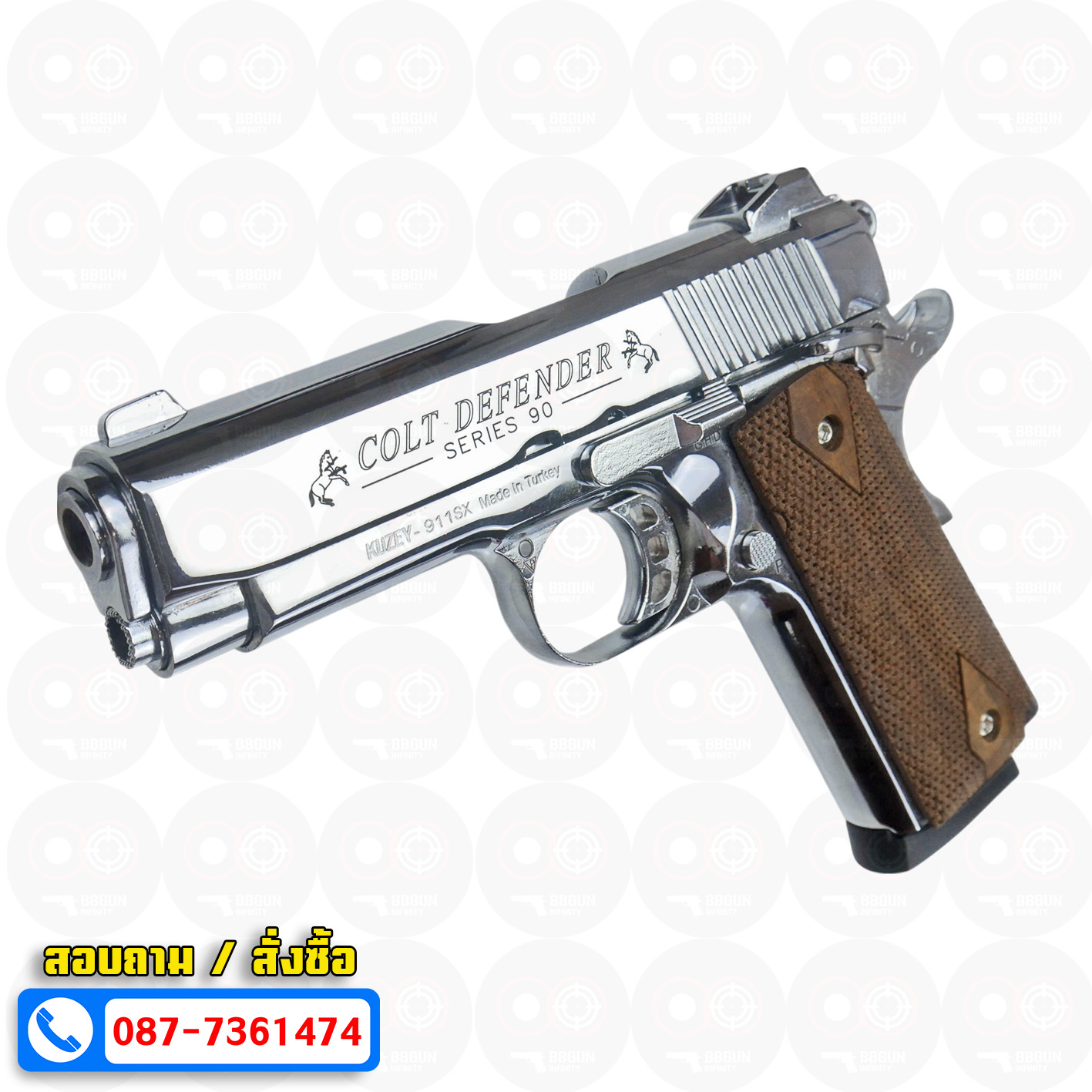 แบลงค์กัน KUZEY M1911 COLT'S DEFENDER SERIES 90 สีเงินเงา 4 นิ้ว ด้ามไม้ Blank Gun