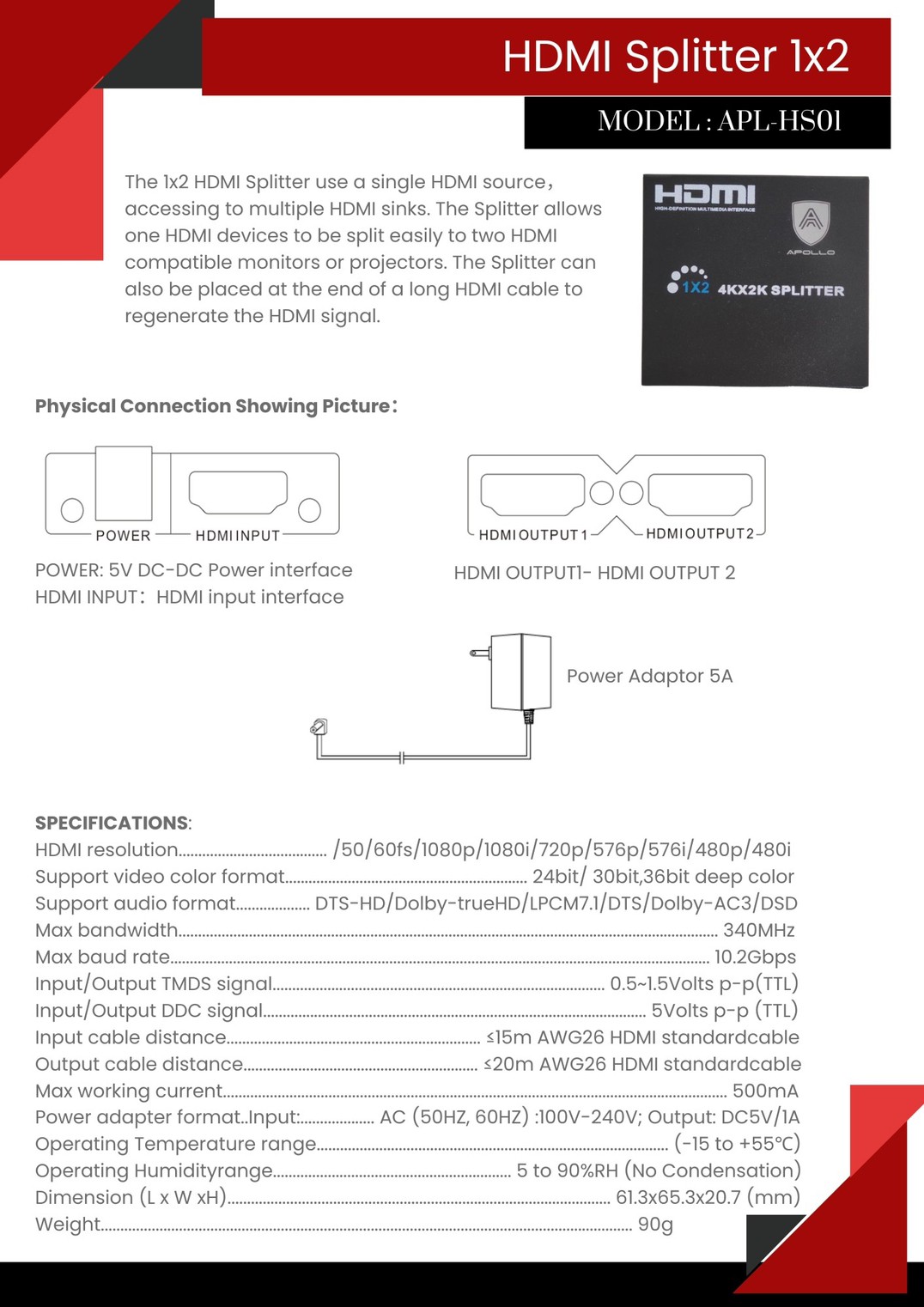 Apollo Splitter HDMI 1 OUT 2 Full HD กล่องแยกสัญญาณHDMI เข้า 1 ออก2 1080P