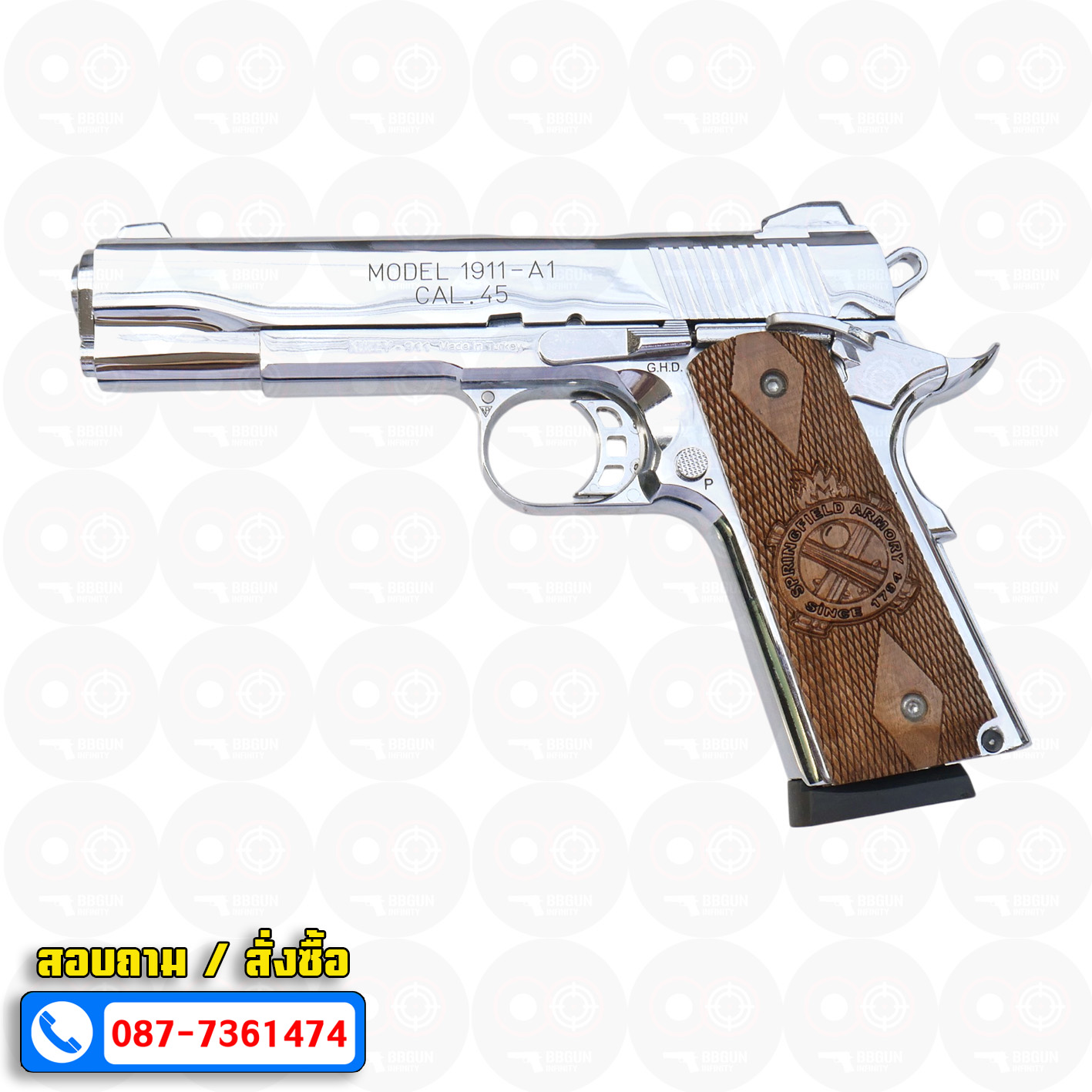 แบลงค์กัน KUZEY M1911-A1 ลำกล้อง 5 นิ้ว SPRINGFIELD ARMORY สีเงินเงา blank gun ด้ามไม้