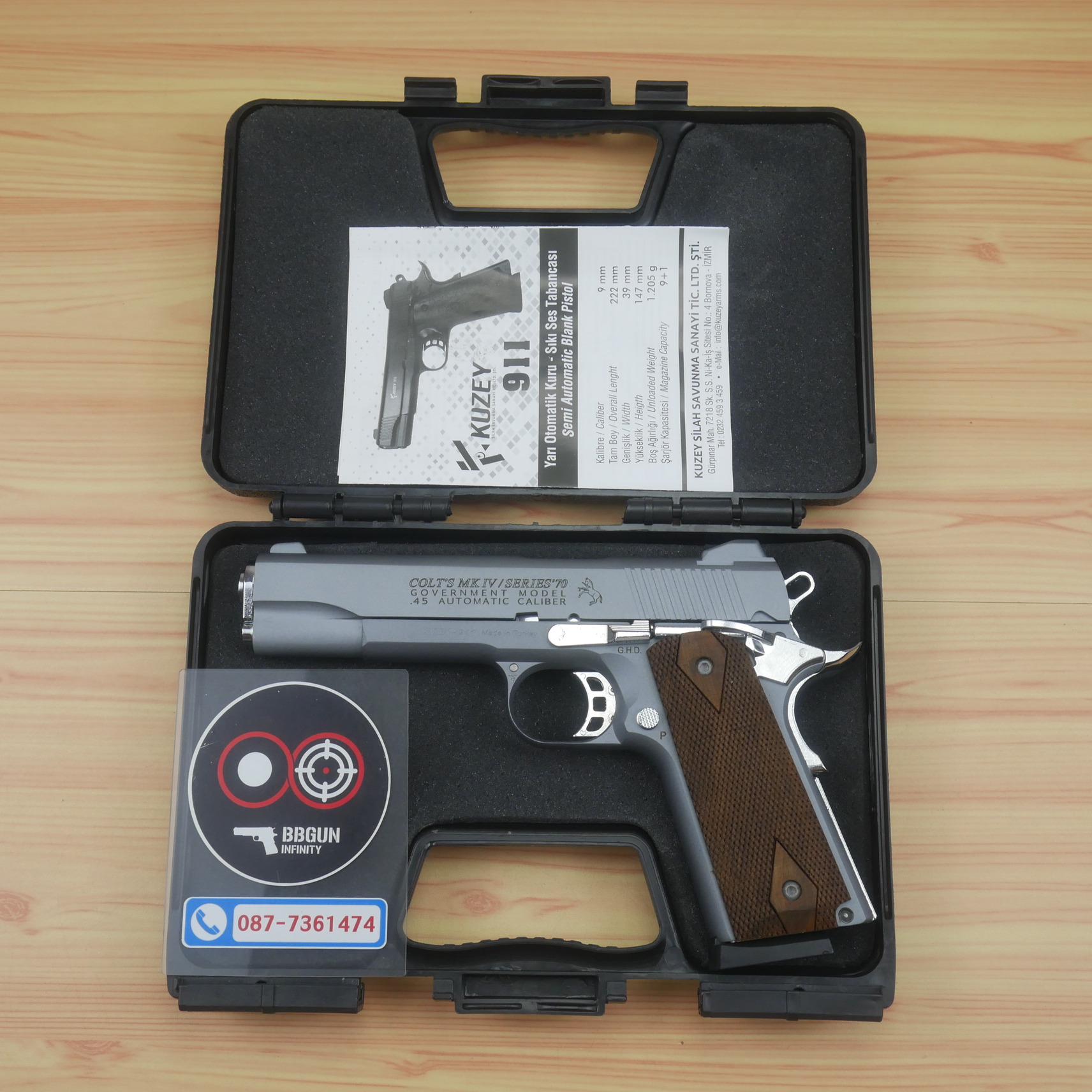 แบลงค์กัน KUZEY M1911 COLT'S MK IV SERIES'70 สีสโม๊ค 5 นิ้ว blank gun (smoke) ด้ามไม้