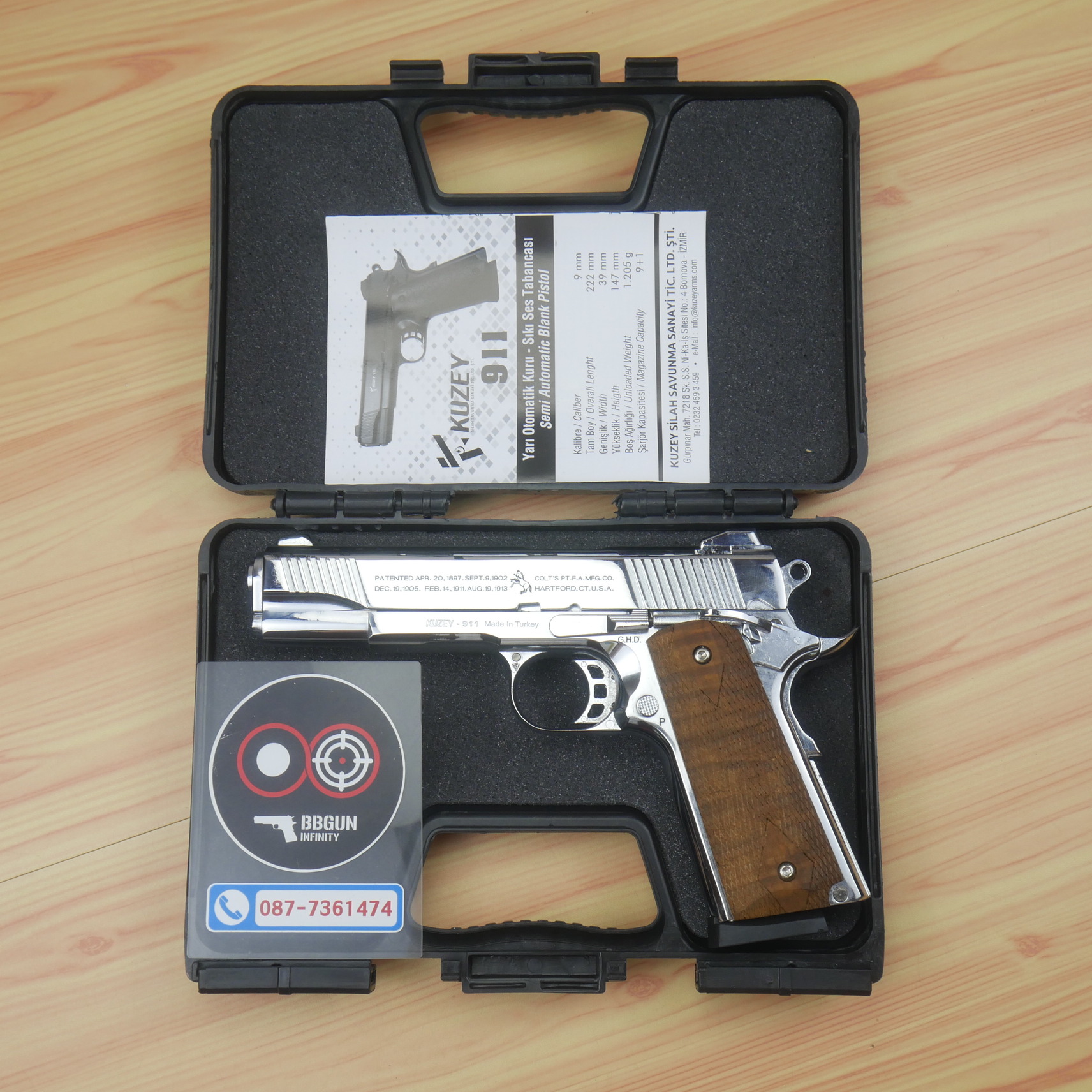 แบลงค์กัน KUZEY M1911 COLT'S 100 ปี สีเงินเงา 5 นิ้ว ด้ามไม้ blank gun