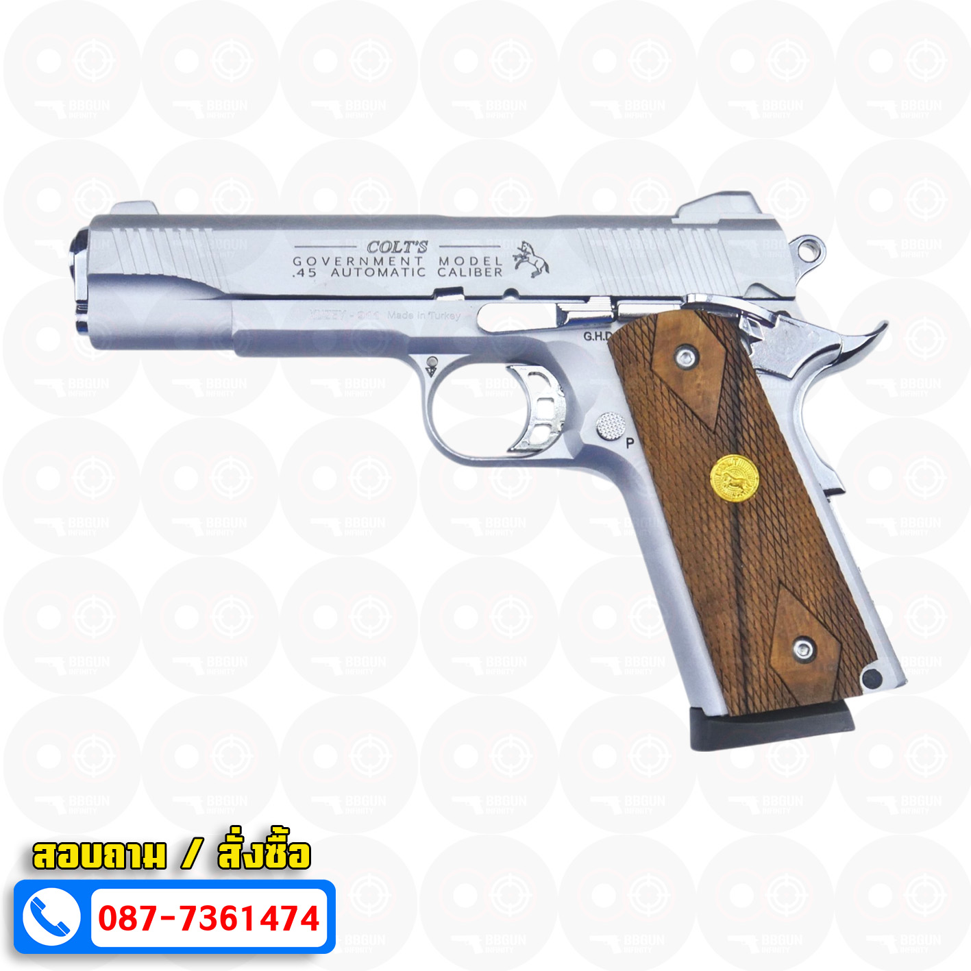 แบลงค์กัน KUZEY M1911 ลำกล้อง 5 นิ้ว COLT GOVERMENT 100 Year สีเงินด้าน blank gun ด้ามไม้ (แถมกล่องใส่ปืน)