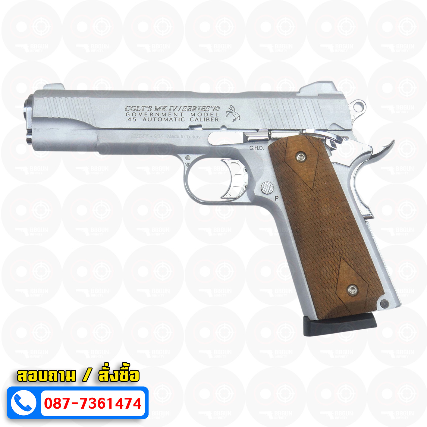 แบลงค์กัน KUZEY M1911 COLT MK IV SR70 สีเงินด้าน 5 นิ้ว ด้ามไม้ blank gun