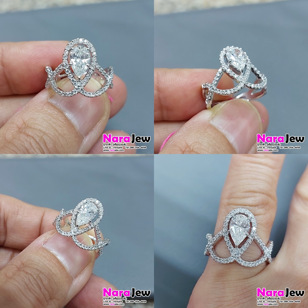 แหวนเพชร เม็ดกลางทรงหยดน้ำ 0.90 กะรัต ล้อมเพชรแท้เบลเยี่ยมคัต 0.68 กะรัต น้ำ 96 vs