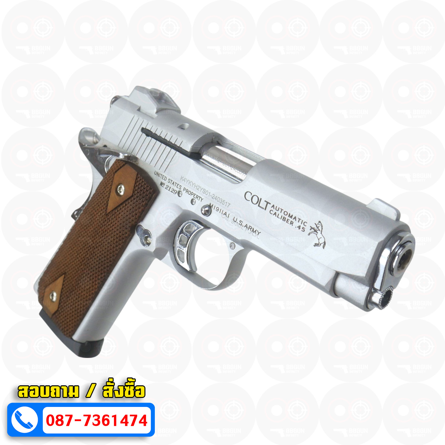 แบลงค์กัน KUZEY M1911 COLT MK IV SR70 สีเงินด้าน 4 นิ้ว ด้ามไม้ blank gun