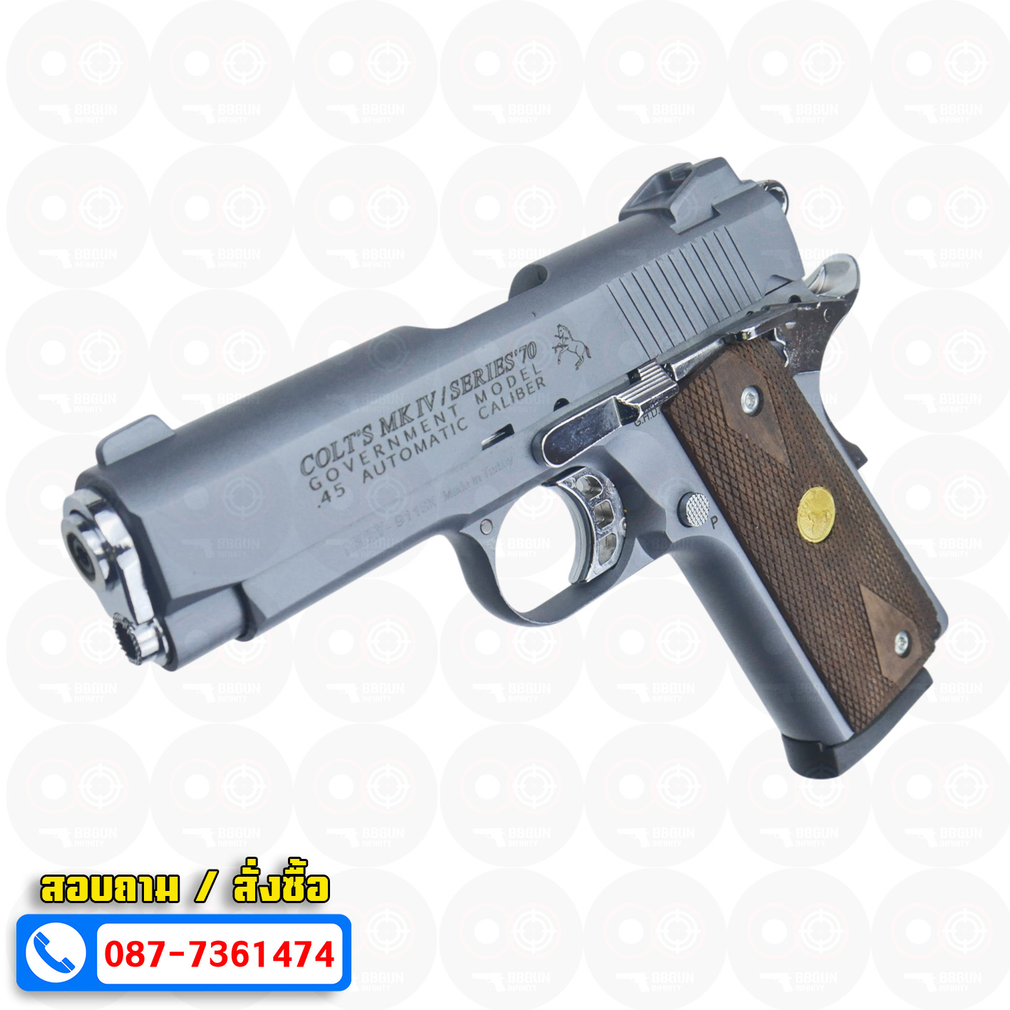 แบลงค์กัน KUZEY M1911 COLT'S MK IV SERIES'70 สีสโม๊ค 4 นิ้ว (smoke) ด้ามไม้ blank gun