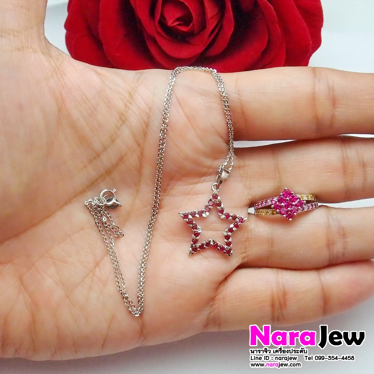 จี้ทับทิมพม่า รูปดาว พร้อม สร้อยคอทองแท้ งานนอกอิตาลี ความยาวสร้อยคอ 16 นิ้ว
