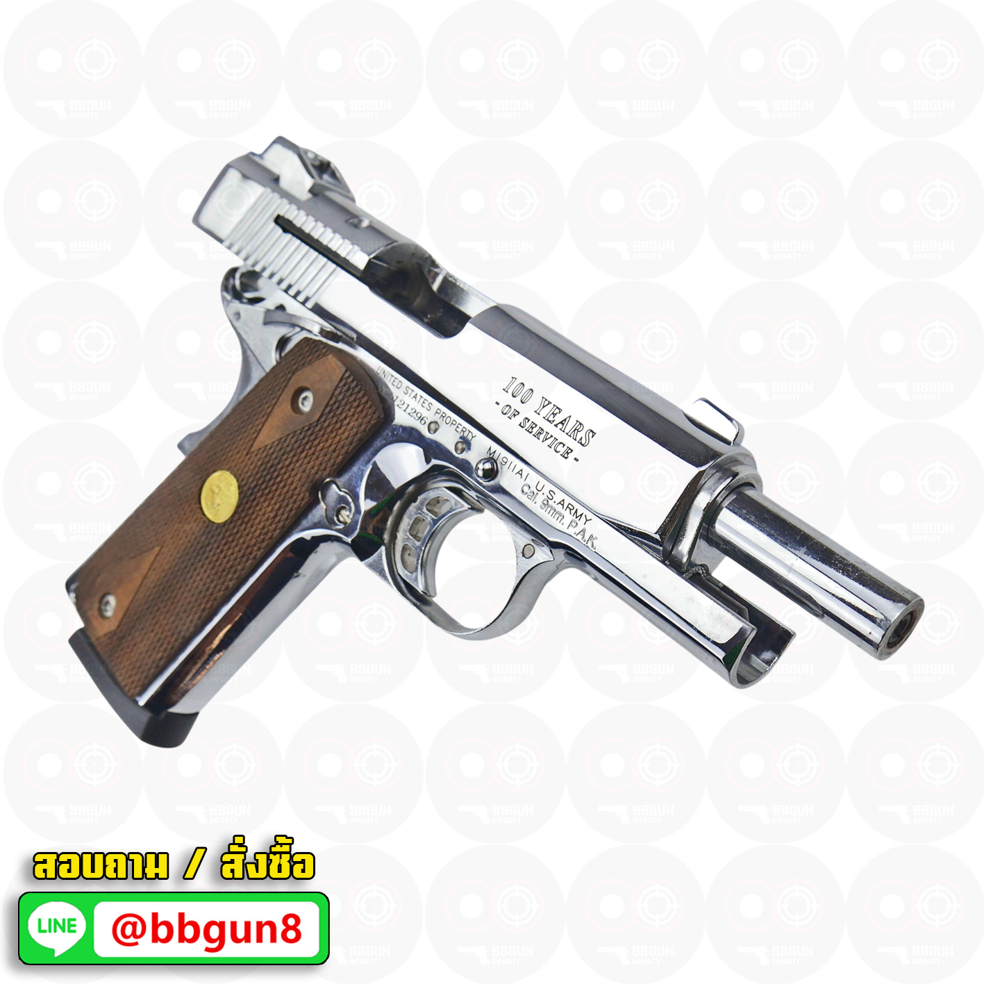 Blank Gun KUZEY M1911 Colt Government 100 Years ลํากล้อง 4 นิ้ว เงินเงา แบลงค์กัน ด้ามไม้ (แถมกล่องใส่ปืน)