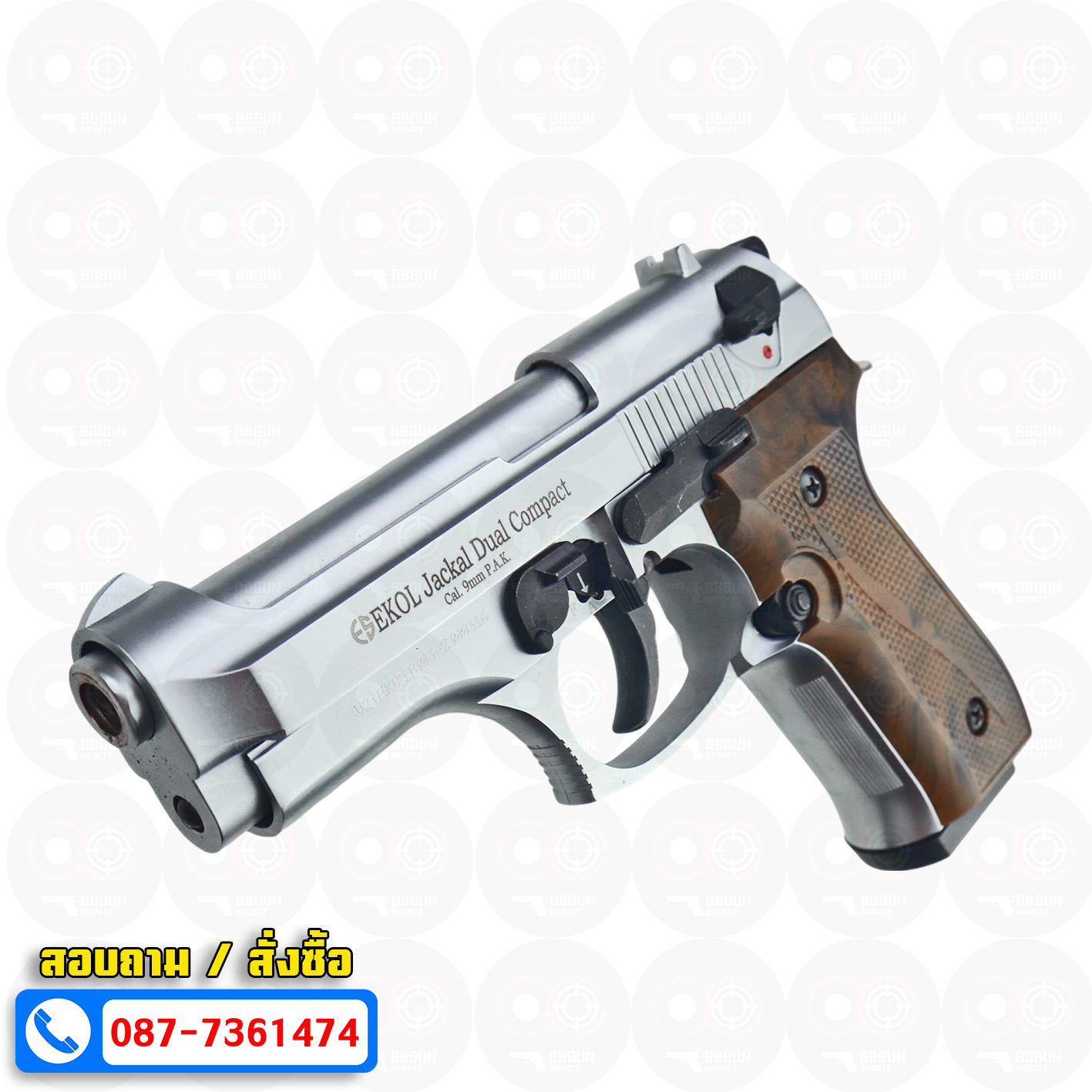 EKOL Jackal Dual Compact M92 4" (Full Auto) สีเงินด้าน แบลงค์กันบาเร็ตต้า 9 mm.P.A.K. (ฟูลออโต้) (แถมกล่องใส่ปืน แม็กกาซีน 2 อัน) blank gun