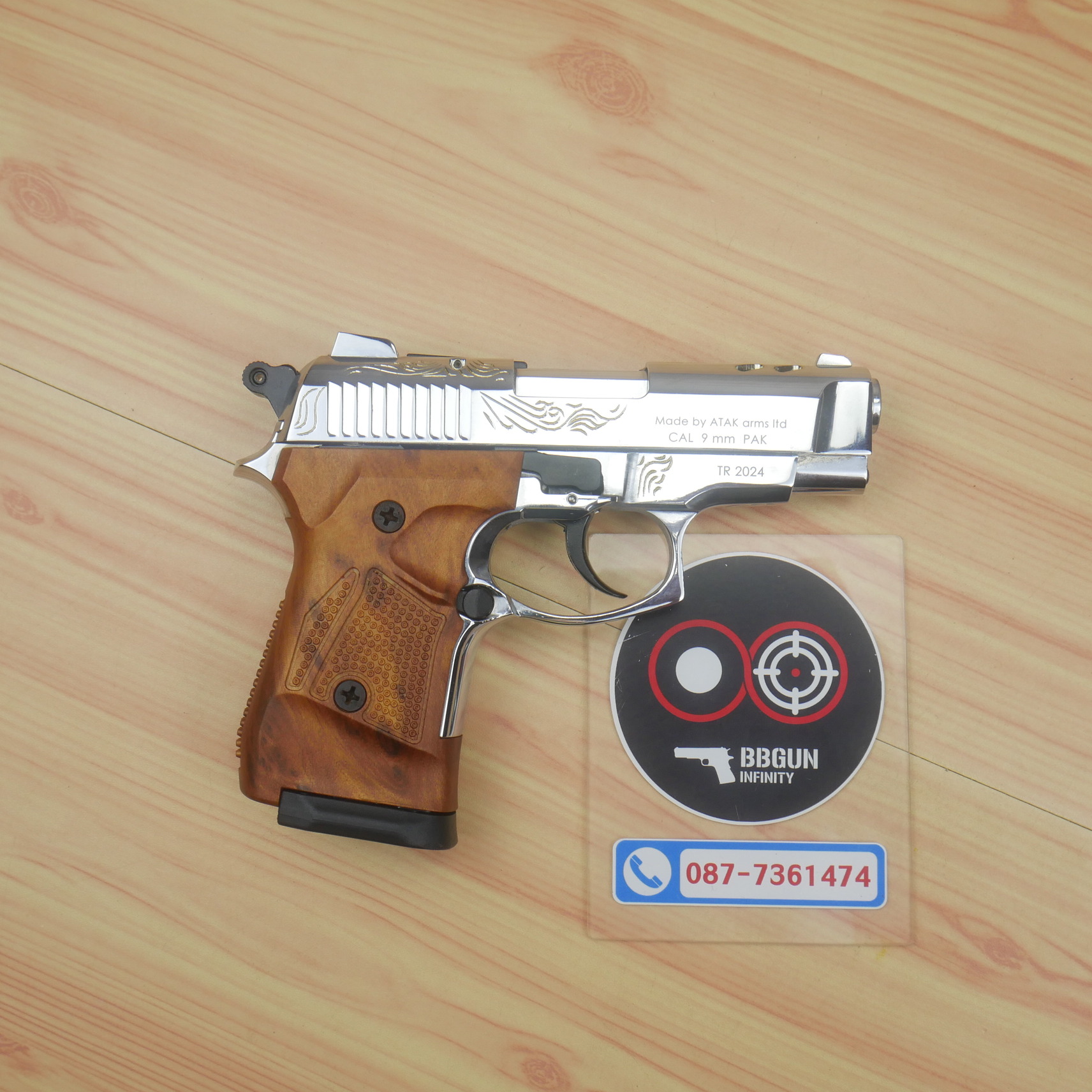 ปืนแบลงค์กัน Zoraki 2914-TD สีเงินเงาแกะลาย ด้ามลายไม้ 9mm P.A.K. Blank gun (แถมกล่องใส่ปืน)