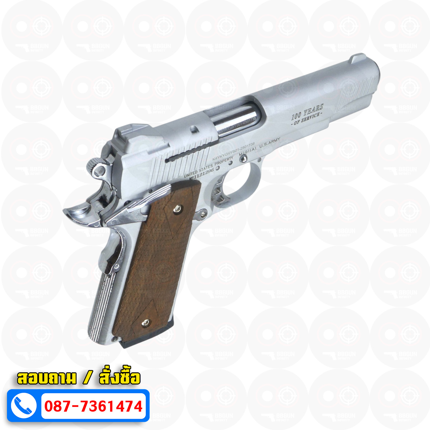 แบลงค์กัน KUZEY M1911 COLT GOVERMENT 100 Year สีเงินด้าน ลำกล้อง 5 นิ้ว blank gun ด้ามไม้