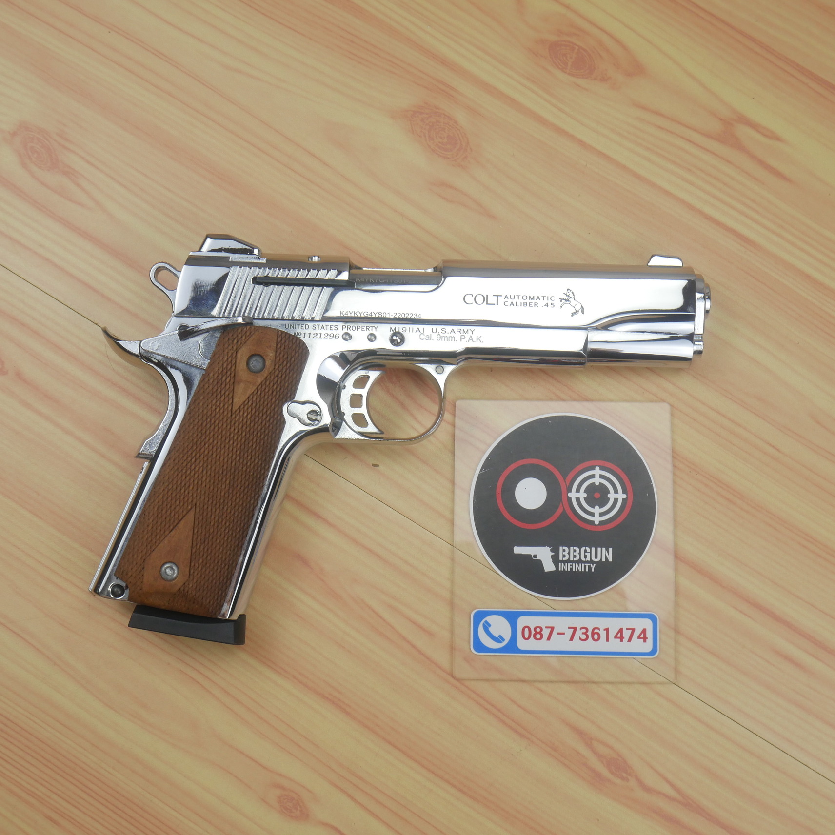 แบลงค์กัน KUZEY M1911 COLT'S MK IV SERIES 80 blank gun สีเงินเงา ลำกล้อง 5 นิ้ว ด้ามไม้