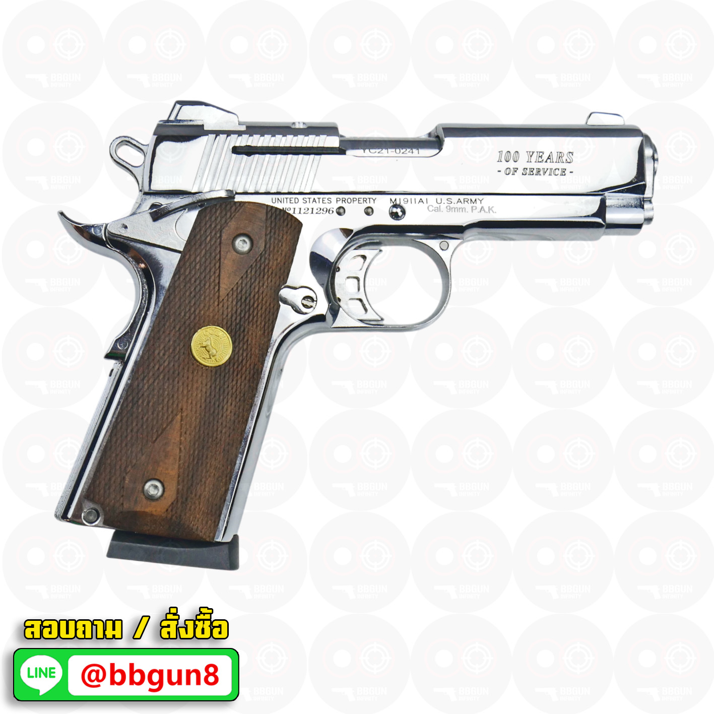 Blank Gun KUZEY M1911 Colt Government 100 Years ลํากล้อง 4 นิ้ว เงินเงา แบลงค์กัน ด้ามไม้ (แถมกล่องใส่ปืน)