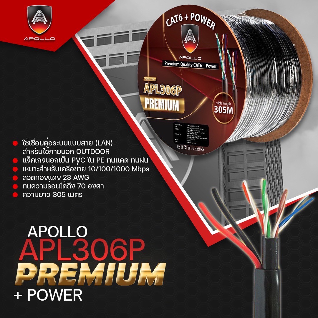 Apollo สายLAN CAT6 UTP รุ่น APL306P-Premium Lan+Power line 305m.