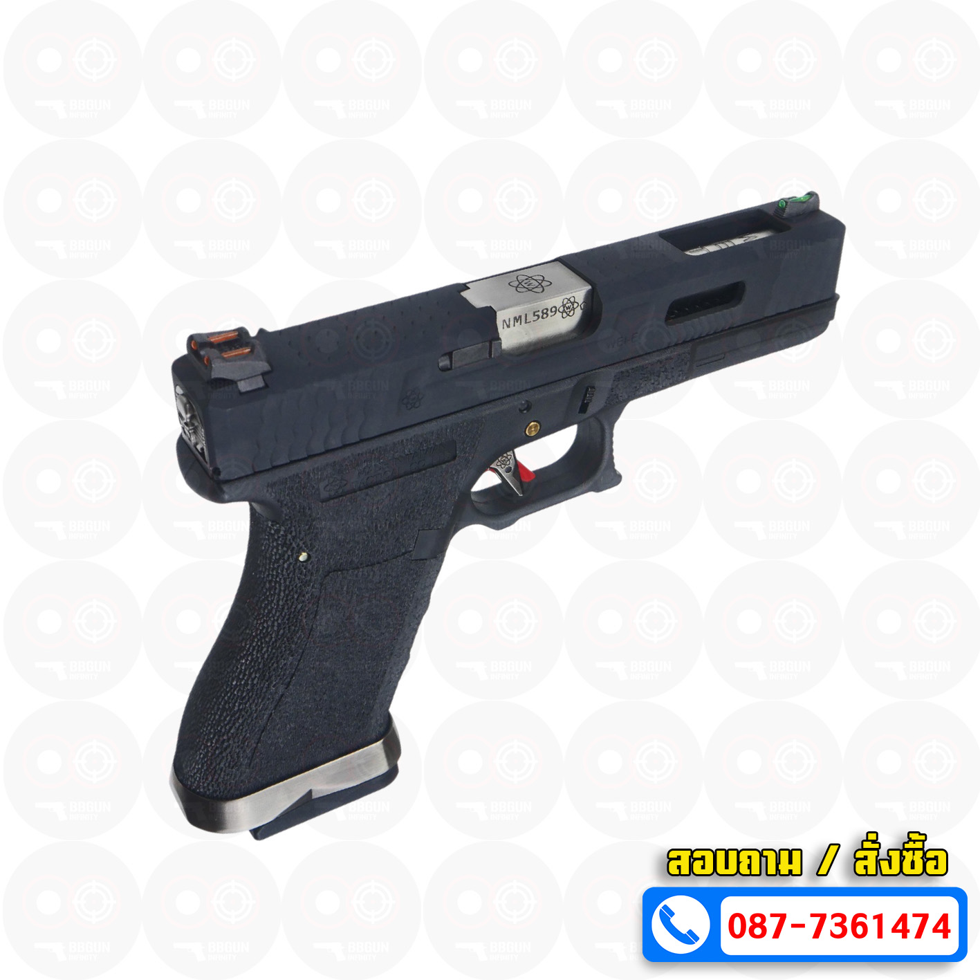 บีบีกันอัดแก๊ส WE Glock 18 G-Force T5 เฟรมดำ สไลด์ดำ ท่อเงิน BB GUN