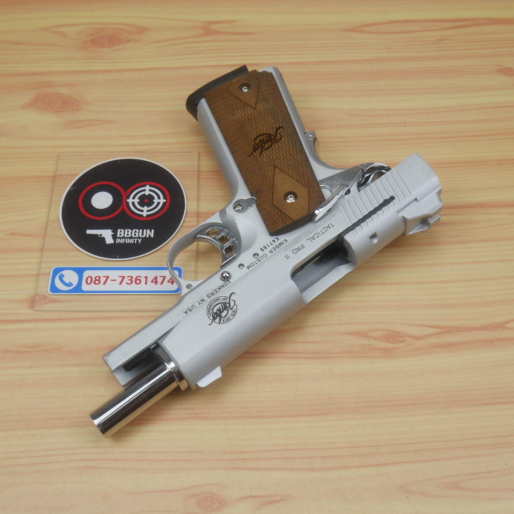 แบลงค์กัน KUZEY M1911 Kimber สีเงินด้าน ลำกล้อง 4 นิ้ว blank gun ด้ามไม้