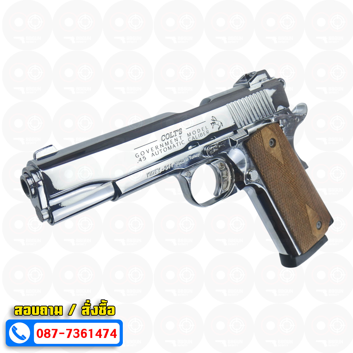 แบลงค์กัน KUZEY M1911 COLT GOVERMENT 100 Year เงินเงา 5 นิ้ว blank gun ด้ามไม้