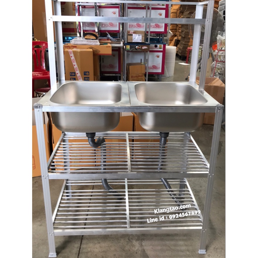 อ่างล้างจาน อ่างคู่ 50x90x124 ซม. ตะแกรงซี่ 2 ชั้น รุ่น M953+บน ซิงค์ สแตนเลส ขาอลูมิเนียม (ไม่เจาะรูก๊อก ไม่ขัดเงา)