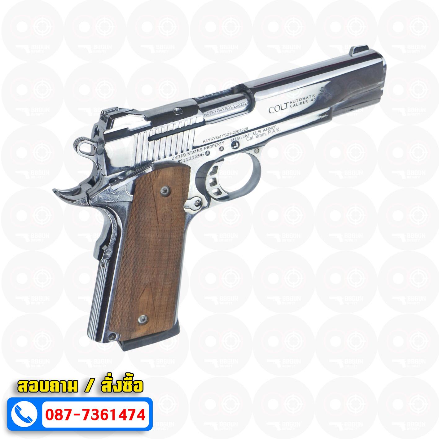 แบลงค์กัน KUZEY M1911 COLT MK IV SR70 สีเงินเงา 5 นิ้ว ด้ามไม้ blank gun