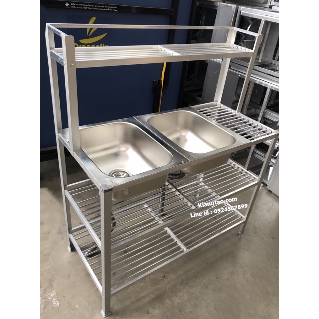 อ่างล้างจาน อ่างคู่ 50x115x124 ซม. ตะแกรงซี่ 2 ชั้น รุ่น M955+บน ซิงค์ สแตนเลส ขาอลูมิเนียม (ไม่เจาะรูก๊อก ไม่ขัดเงา)