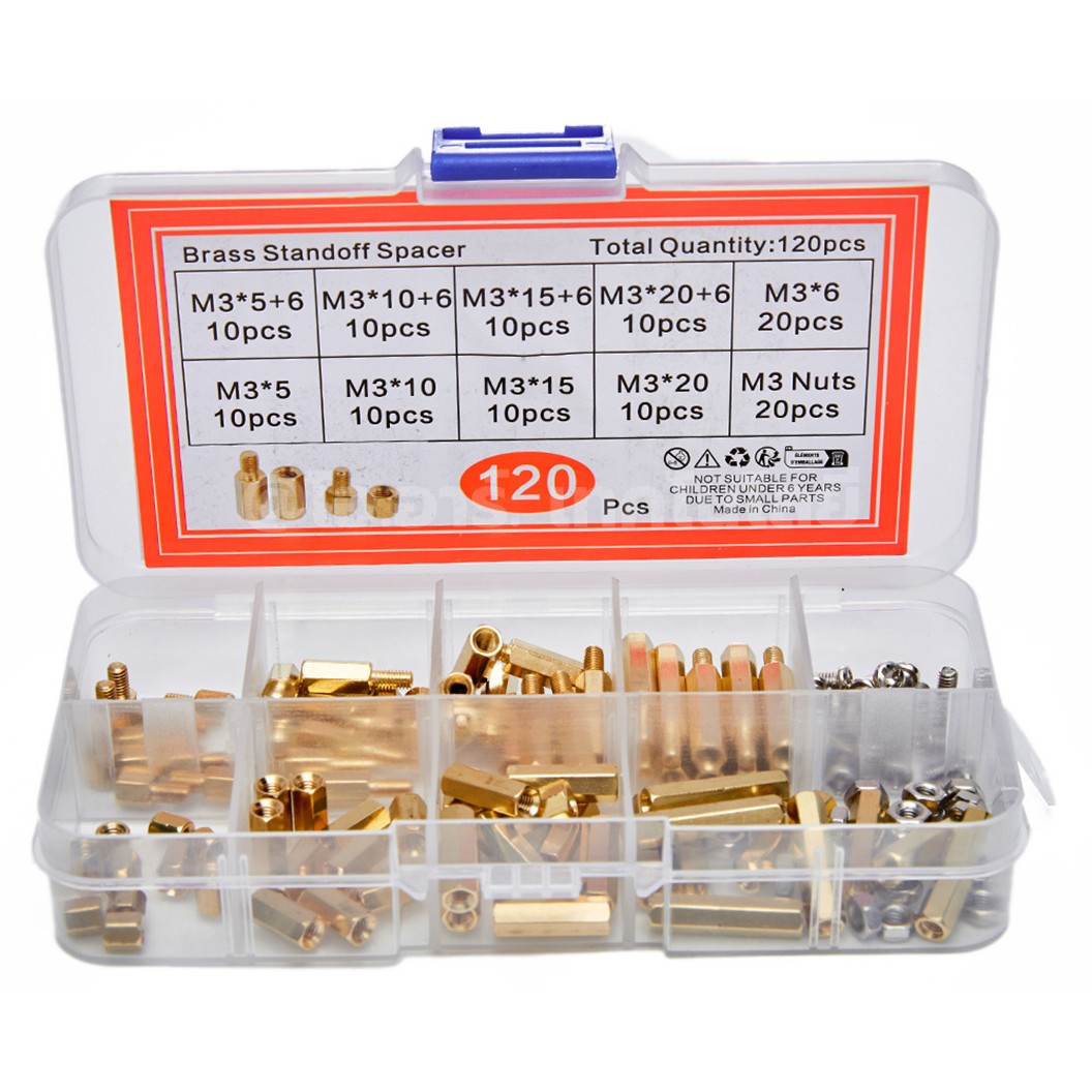 M3-120-Brass ชุดเสาทองเหลือง นอต สกรู M3 120ชิ้น 120Pcs M3 Hex Brass Standoff + Nut + Screw kit เสายึดแผ่นปริ้น เสารองบอร์ด ขารองบอร์ด เสารองแผ่น PCB