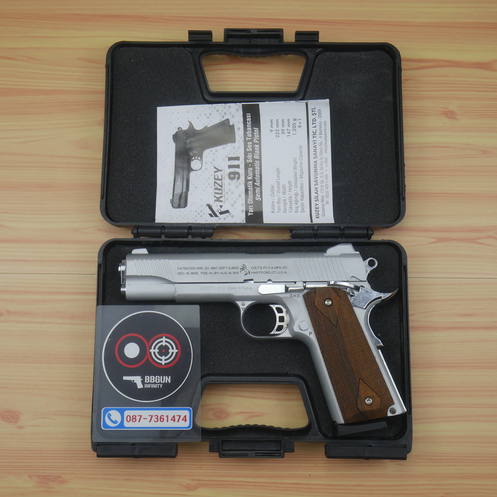 แบลงค์กัน KUZEY M1911 COLT'S 100 ปี สีเงินด้าน 5 นิ้ว ด้ามไม้ blank gun