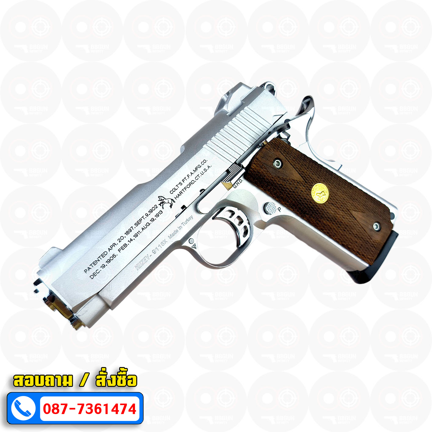 Blank Gun KUZEY M1911 COLT'S 100 ปี สีเงินด้าน 4 นิ้ว แบลงค์กัน ด้ามไม้
