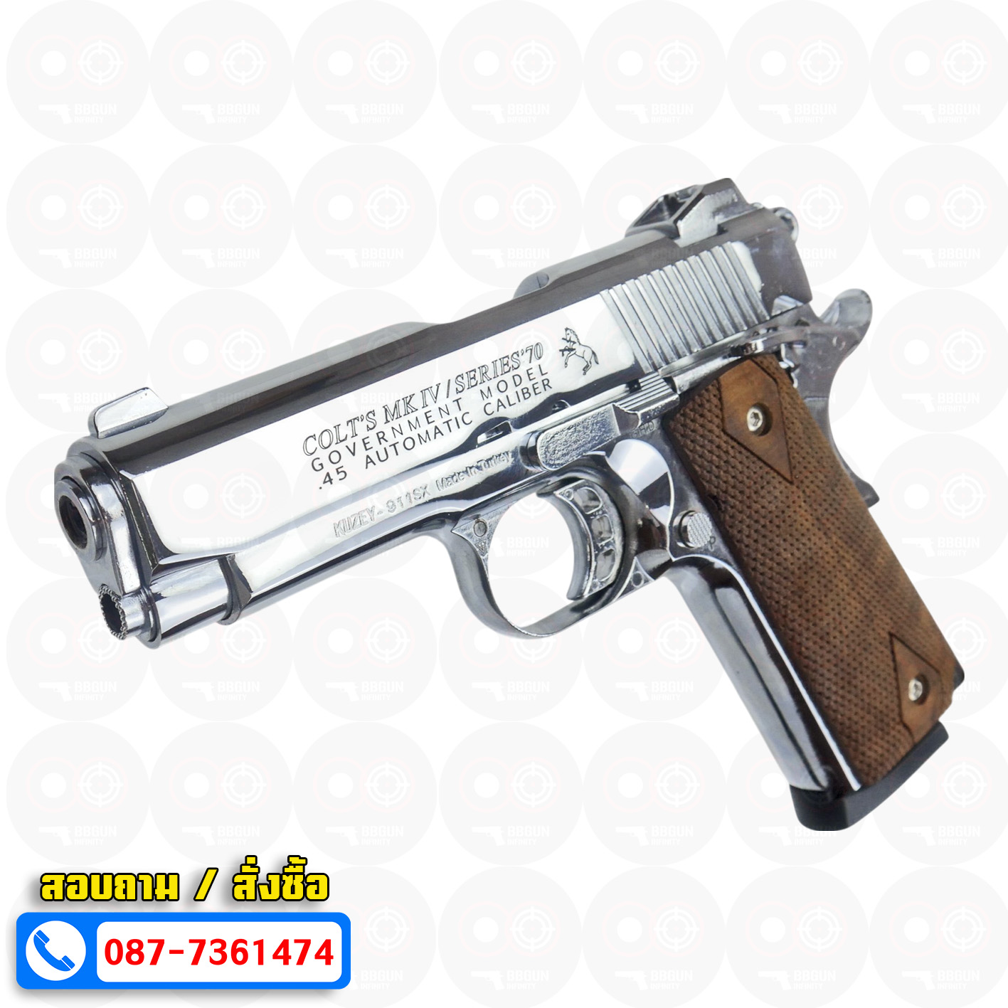 แบลงค์กัน KUZEY M1911 COLT MK IV SR70 สีเงินเงา 4 นิ้ว ด้ามไม้ blank gun