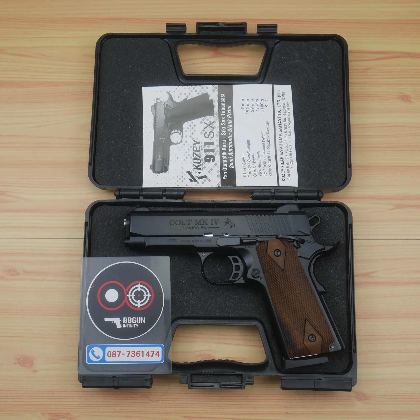 แบลงค์กัน KUZEY M1911 COLT'S MK IV SERIES 80 blank gun สีดำ ลำ 4 นิ้ว ด้ามไม้