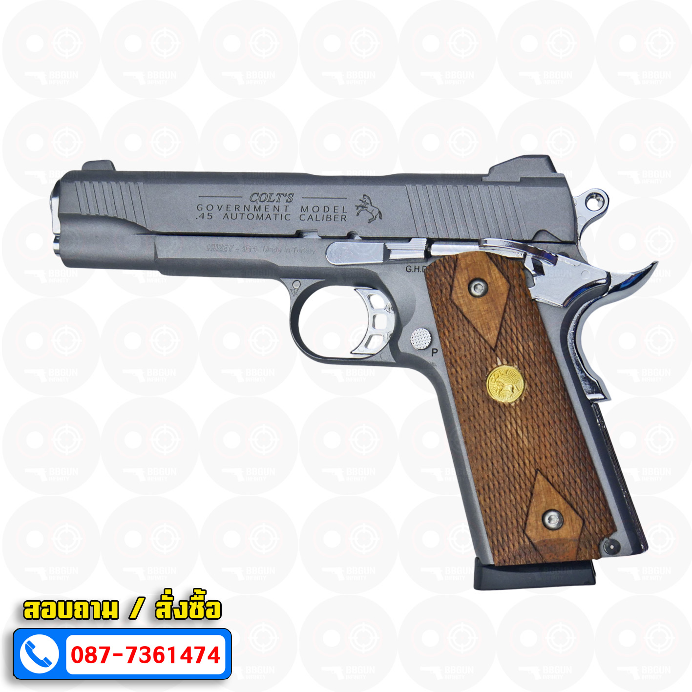 แบลงค์กัน KUZEY M1911 5 นิ้ว COLT GOVERMENT 100 Year สีสโมค blank gun ด้ามไม้ (แถมกล่องใส่ปืน)