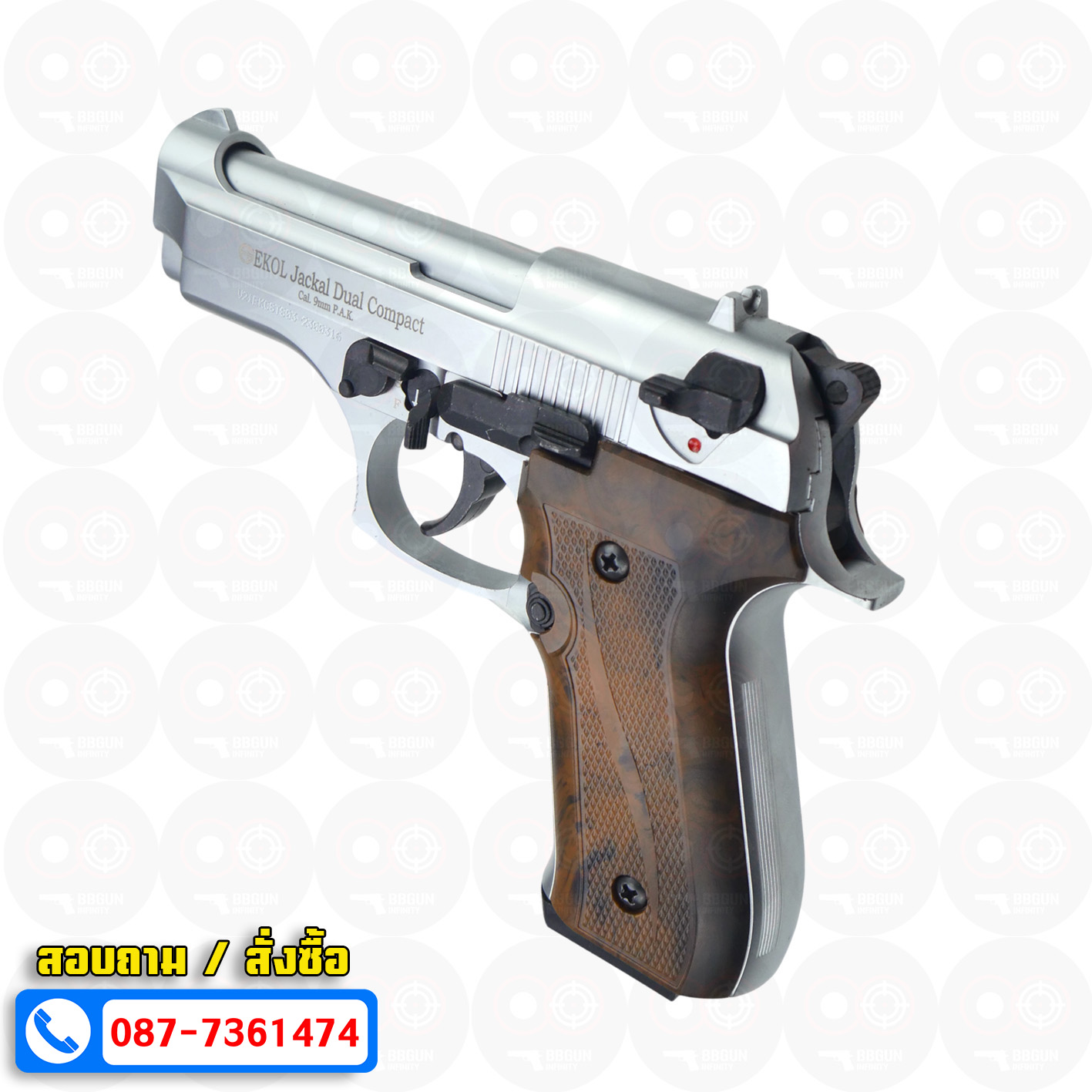 EKOL Jackal Dual Compact M92 4" (Full Auto) สีเงินด้าน แบลงค์กันบาเร็ตต้า 9 mm.P.A.K. (ฟูลออโต้) (แถมกล่องใส่ปืน แม็กกาซีน 2 อัน) blank gun