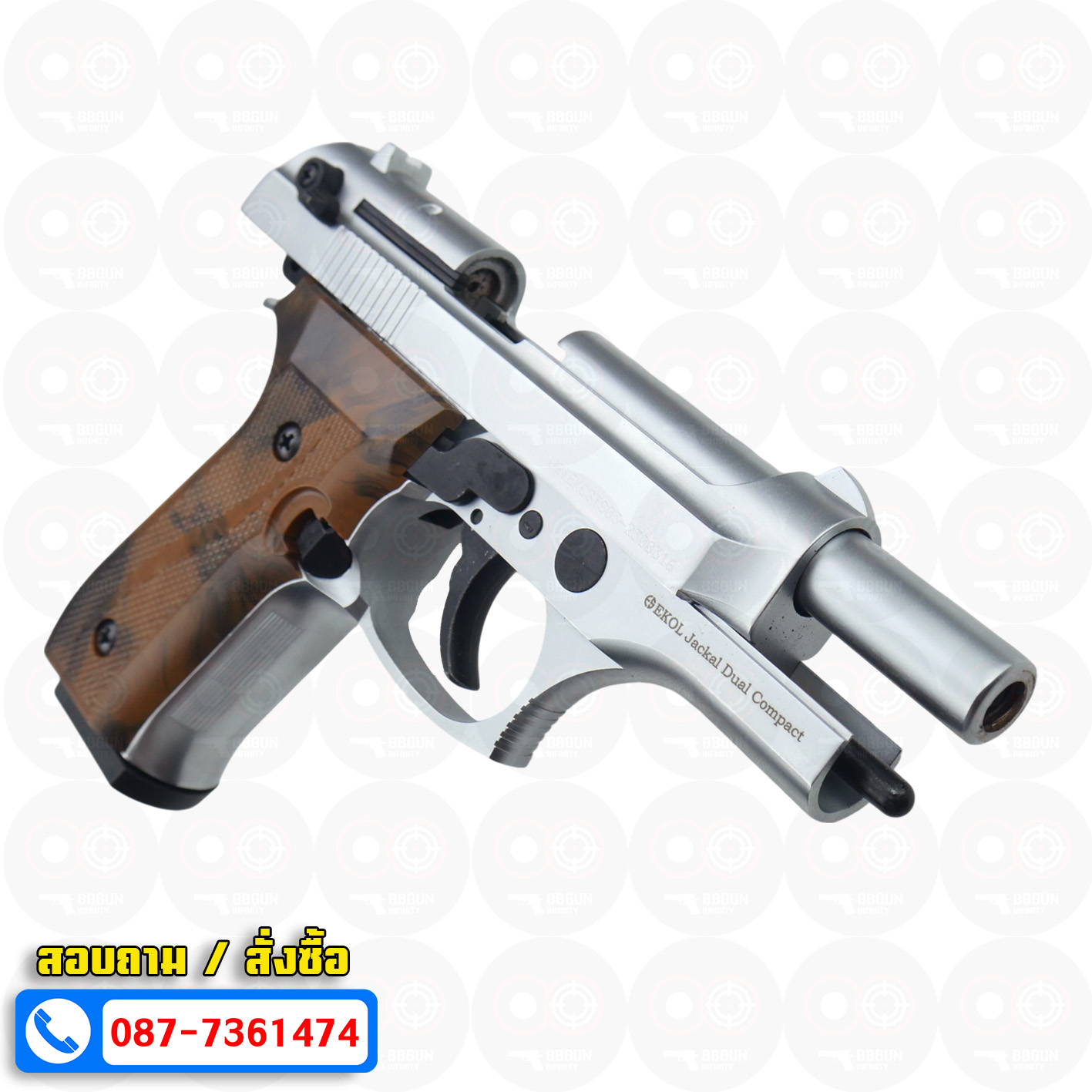 EKOL Jackal Dual Compact M92 4" (Full Auto) สีเงินด้าน แบลงค์กันบาเร็ตต้า 9 mm.P.A.K. (ฟูลออโต้) (แถมกล่องใส่ปืน แม็กกาซีน 2 อัน) blank gun