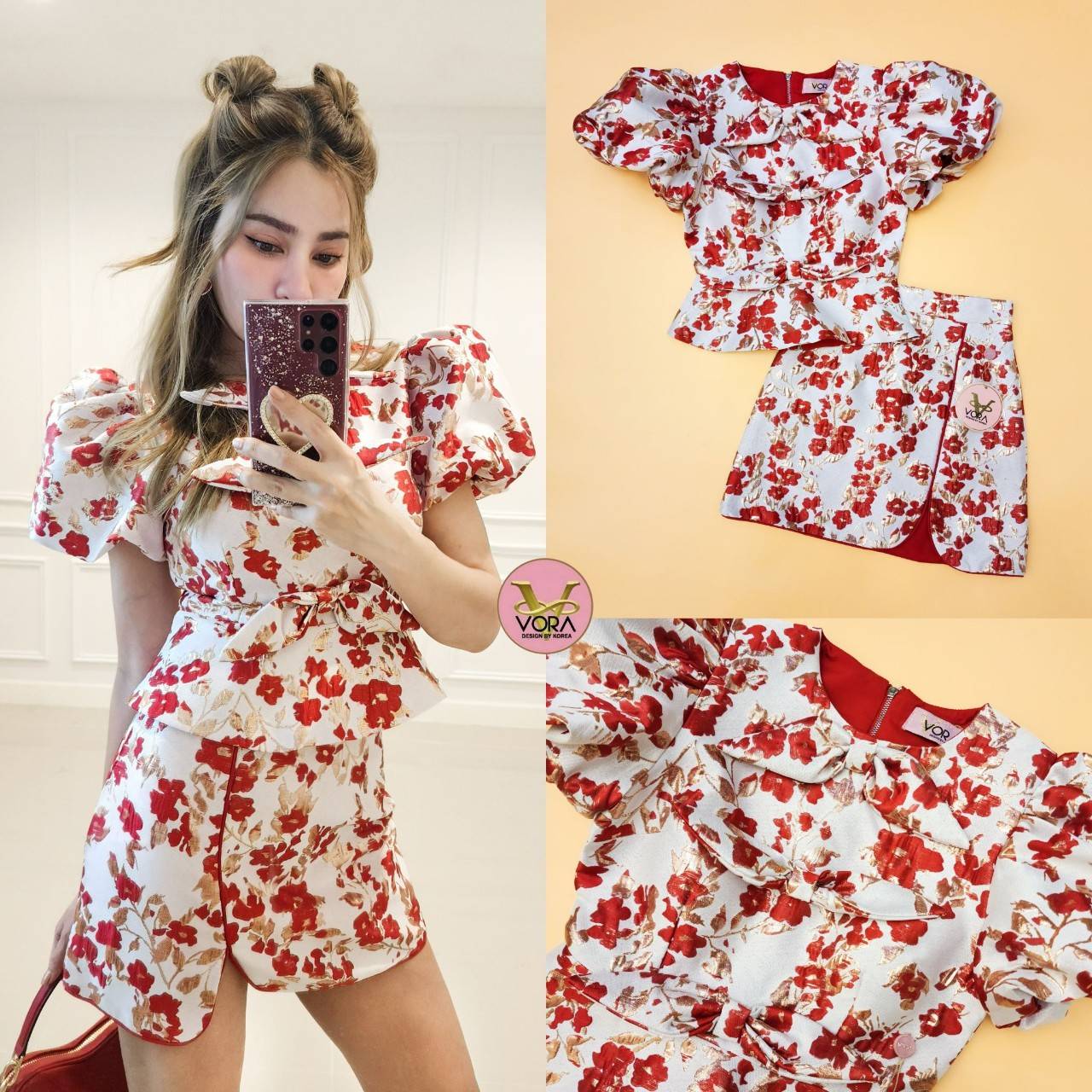 Set เสื้อแขนพอง แต่งโบว์เรียงด้านหน้า