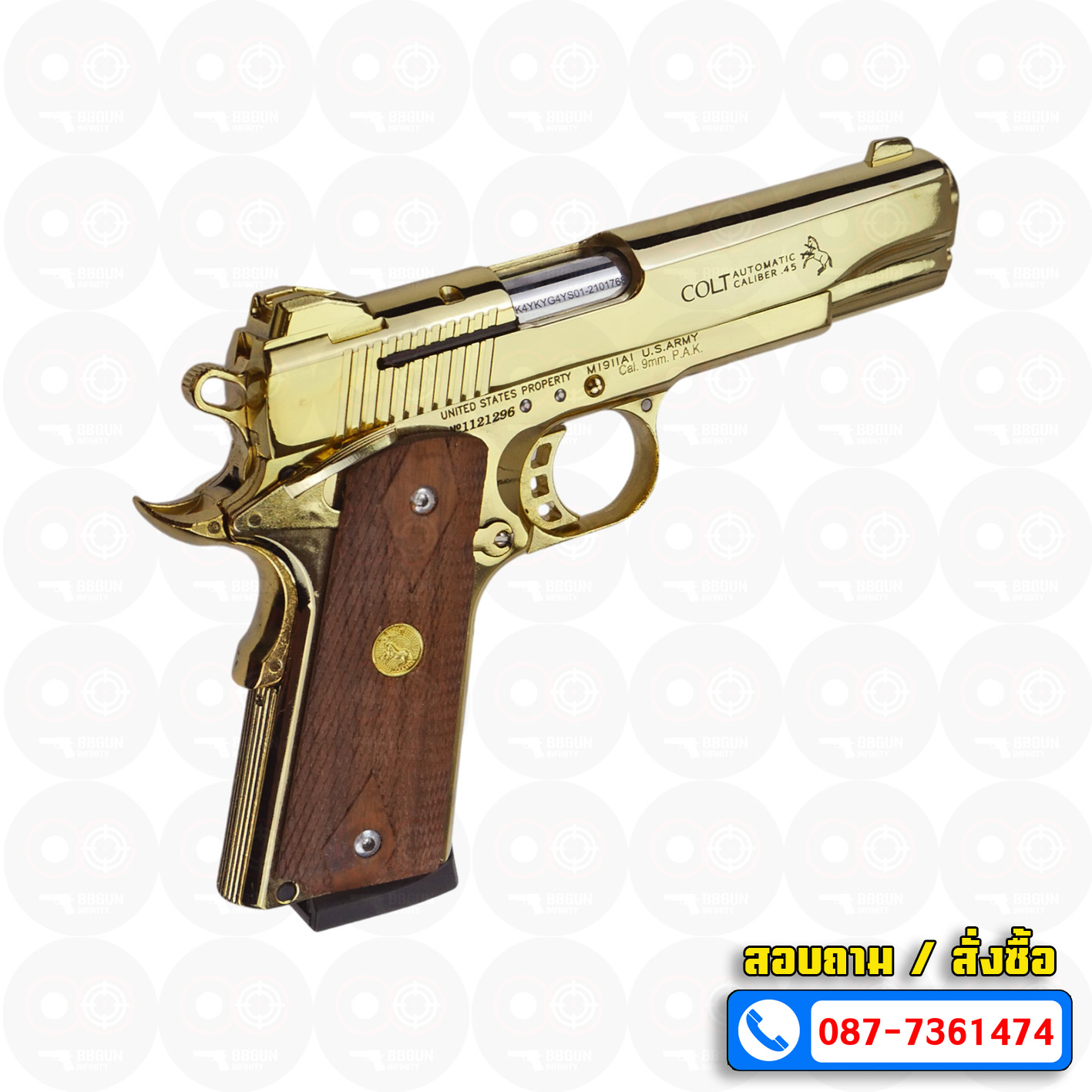 แบลงค์กัน KUZEY M1911 ลำ 5 นิ้ว COLT'S MK IV SERIES'70 blank gun สีทอง ด้ามไม้