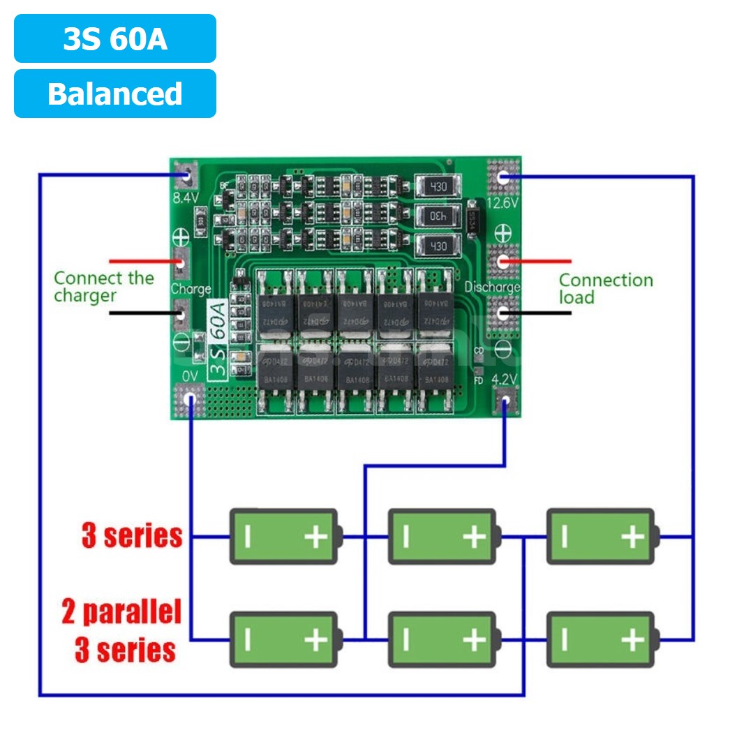 CM636 3S 60A Balanced โมดูลชาร์จแบตเตอรี่ BMS 3-Series 60A 18650 Lithium Battery Protection Module แบตลิเธียม