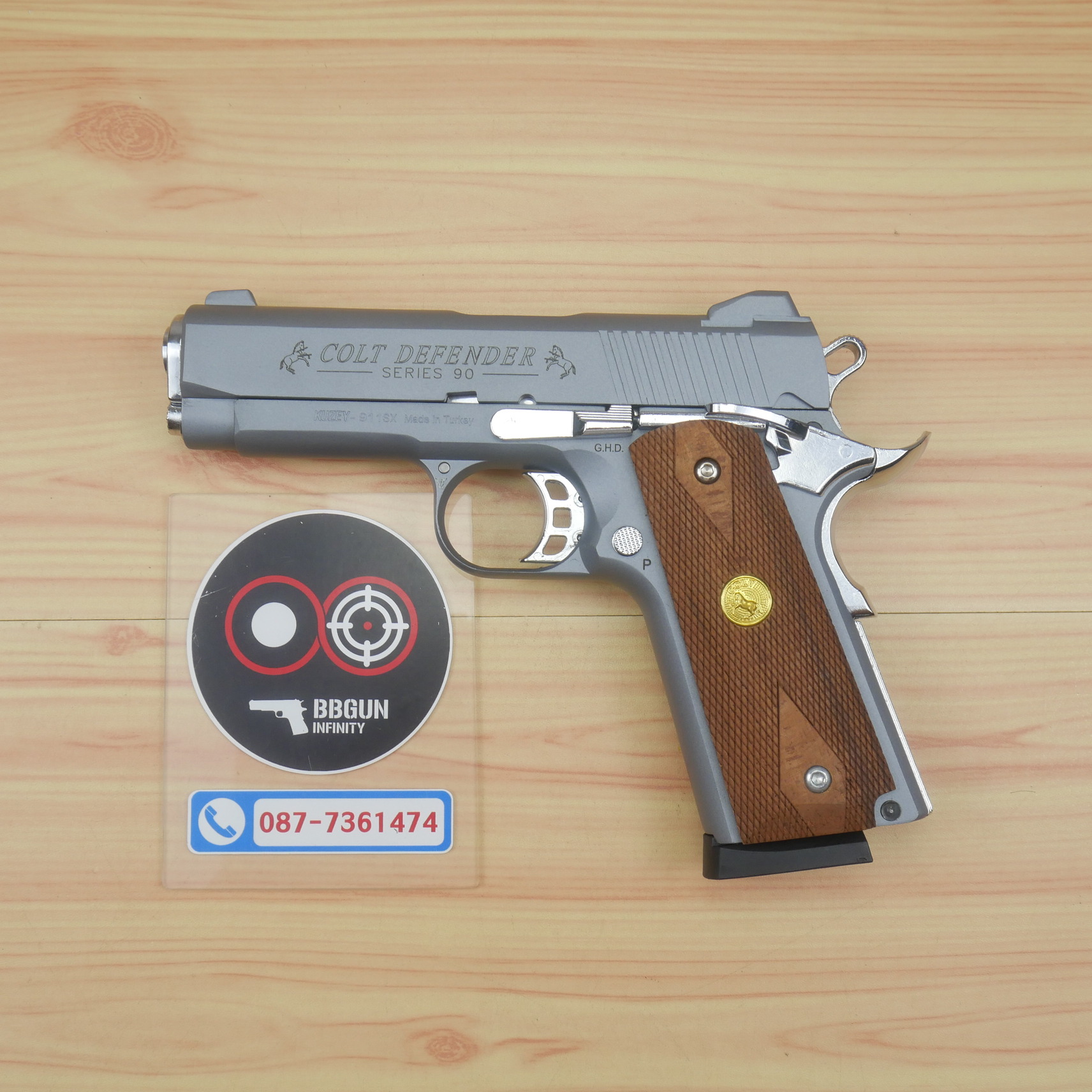แบลงค์กัน KUZEY M1911 COLT'S DEFENDER SERIES 90 สีสโมค 4 นิ้ว ด้ามไม้ Blank Gun