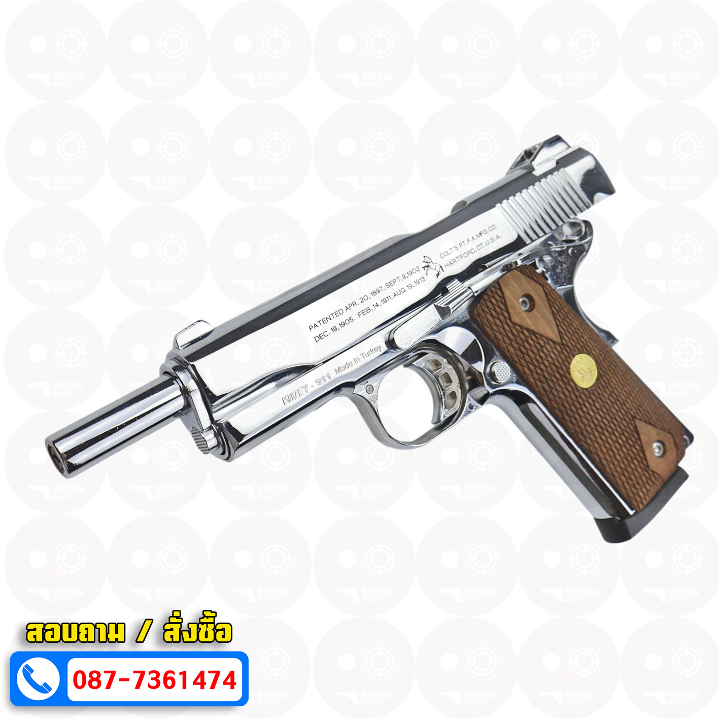 แบลงค์กัน KUZEY M1911 COLT'S 100 ปี สีเงินเงา ลำกกล้อง 5 นิ้ว blank gun ด้ามไม้ (แถมกล่องใส่ปืน)