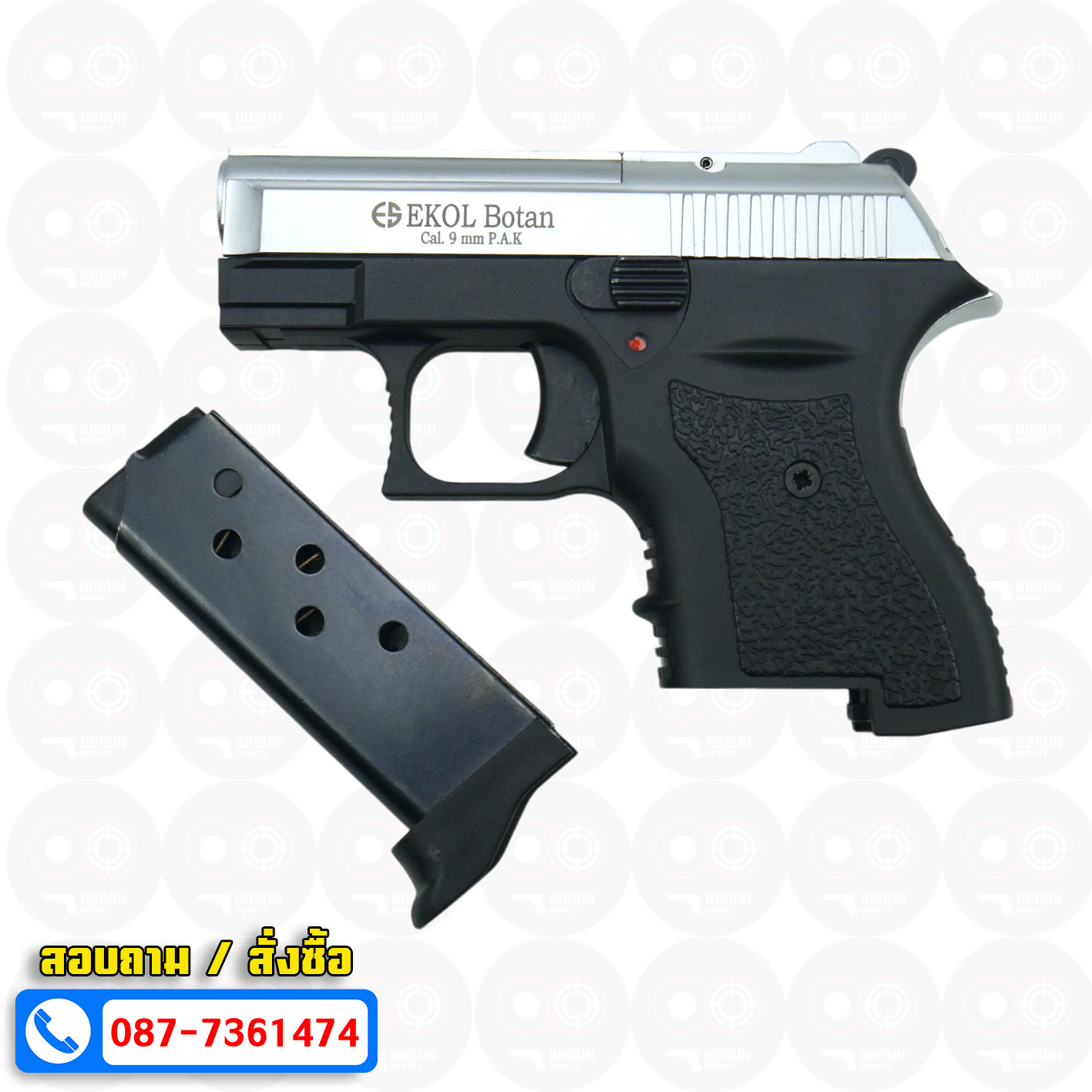 แบลงค์กัน EKOL BOTAN White สีเงินด้าน 9 mm P.A.K. Blank gun (แถมกล่องใส่ปืน)