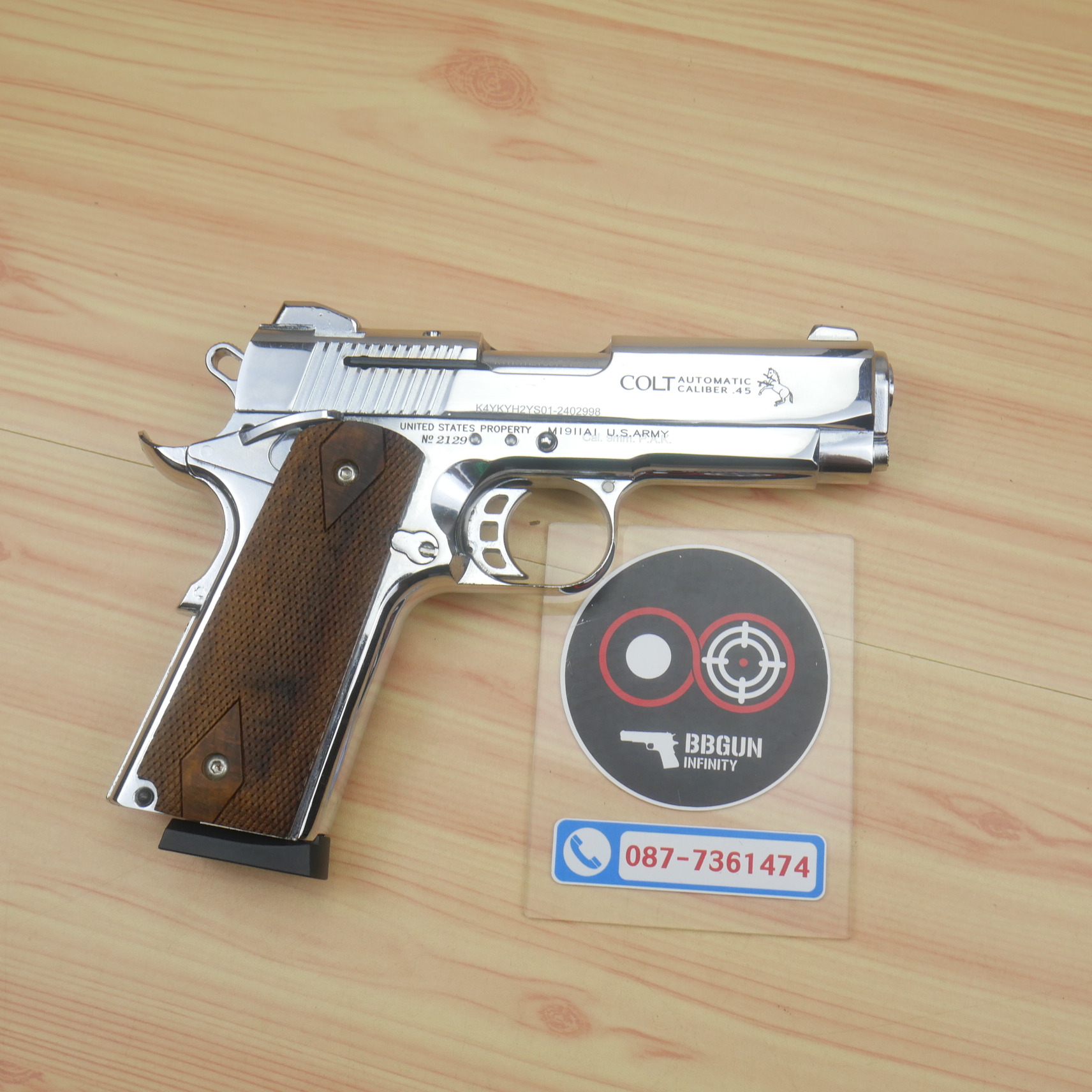 แบลงค์กัน KUZEY M1911 COLT MK IV SR70 สีเงินเงา 4 นิ้ว ด้ามไม้ blank gun