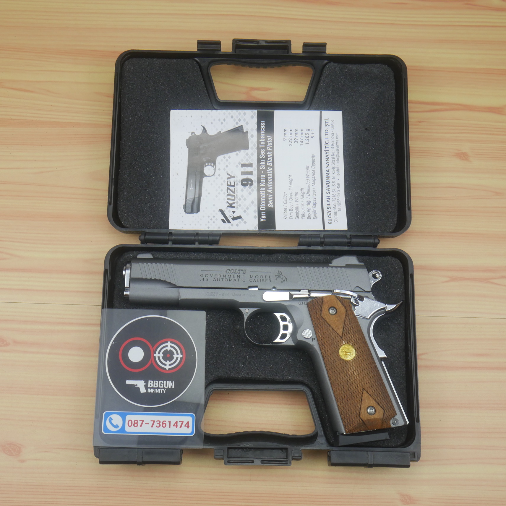 แบลงค์กัน KUZEY M1911 5 นิ้ว COLT GOVERMENT 100 Year สีสโมค blank gun ด้ามไม้ (แถมกล่องใส่ปืน)
