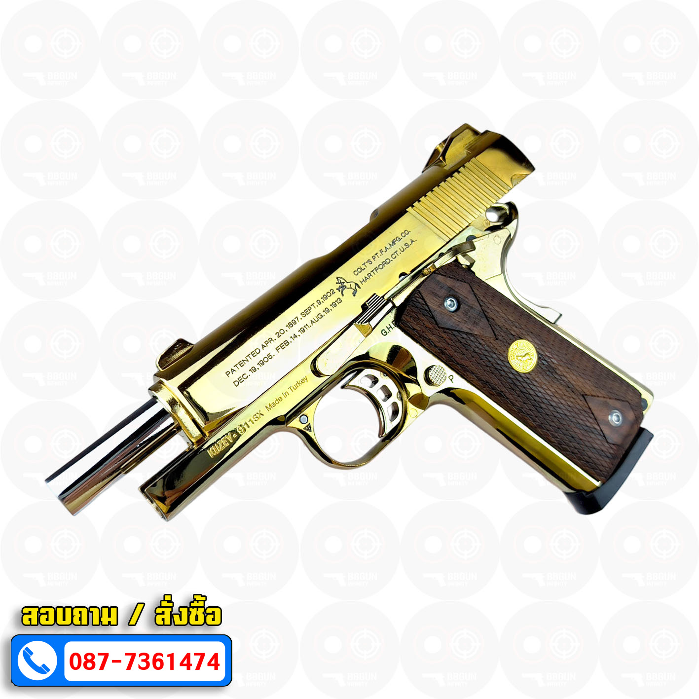 Blank Gun KUZEY M1911 COLT'S 100 ปี สีทอง 4 นิ้ว แบลงค์กัน ด้ามไม้